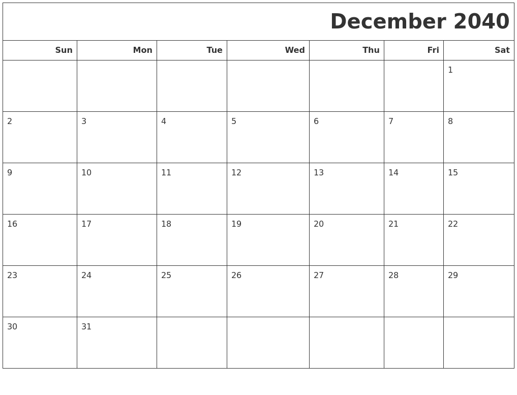 December 2040 Calendars To Print