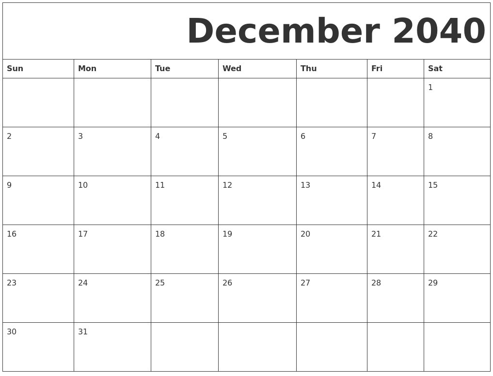 December 2040 Free Printable Calendar