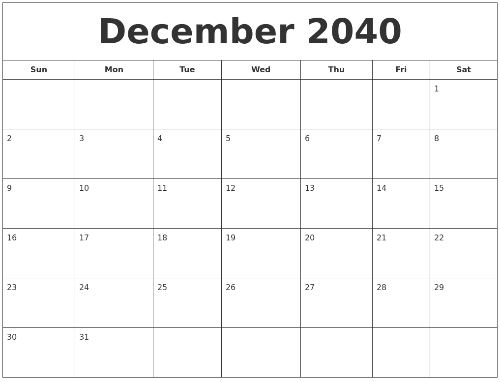 December 2040 Printable Calendar