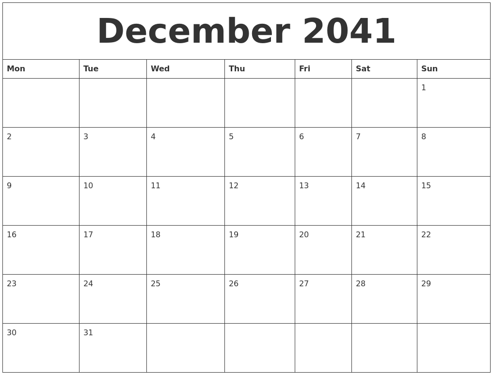 December 2041 Birthday Calendar Template