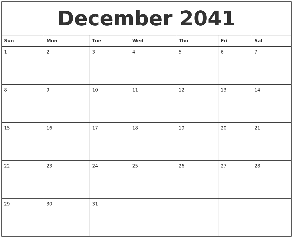 December 2041 Blank Calendar Printable