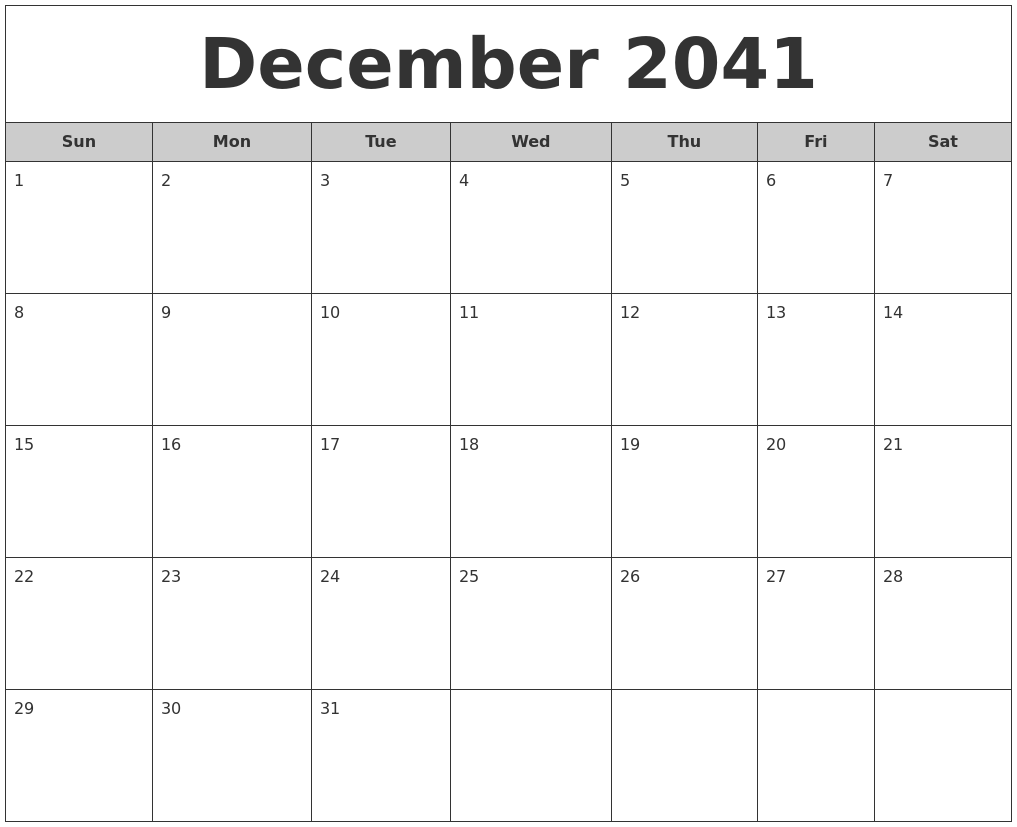 December 2041 Free Monthly Calendar