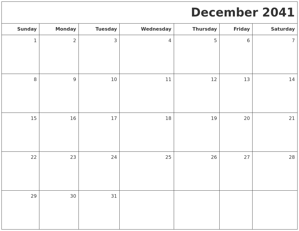 December 2041 Printable Blank Calendar