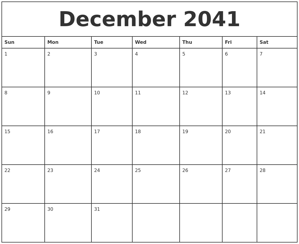 December 2041 Printable Monthly Calendar