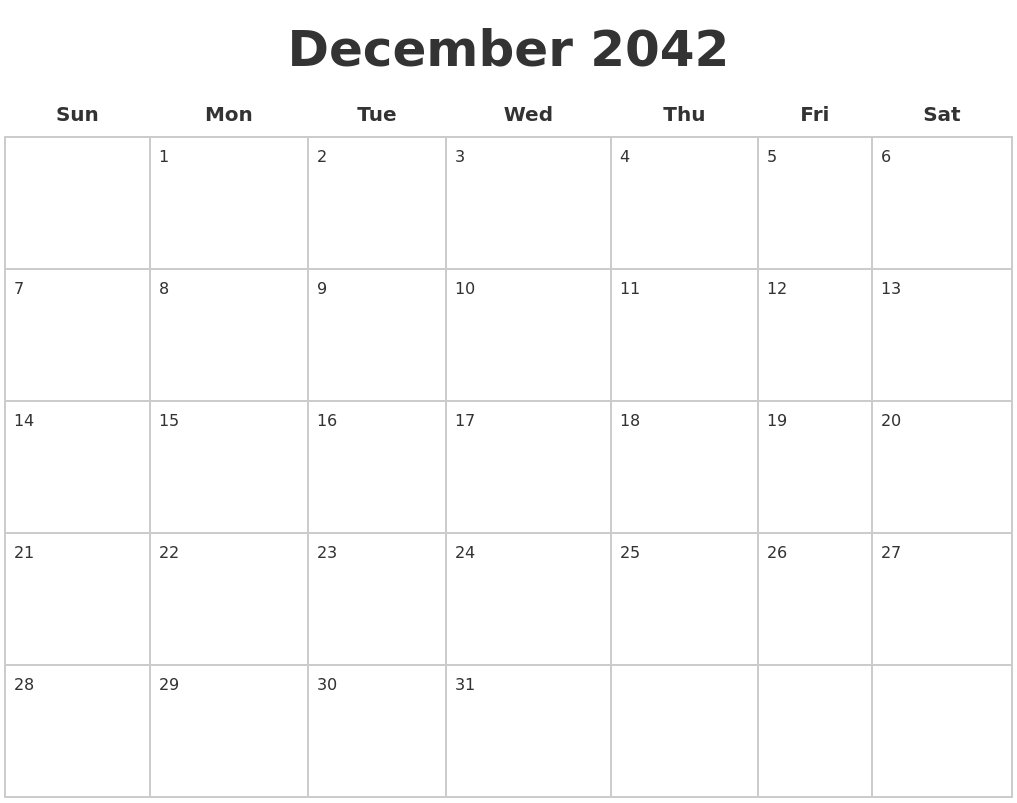 December 2042 Blank Calendar Pages