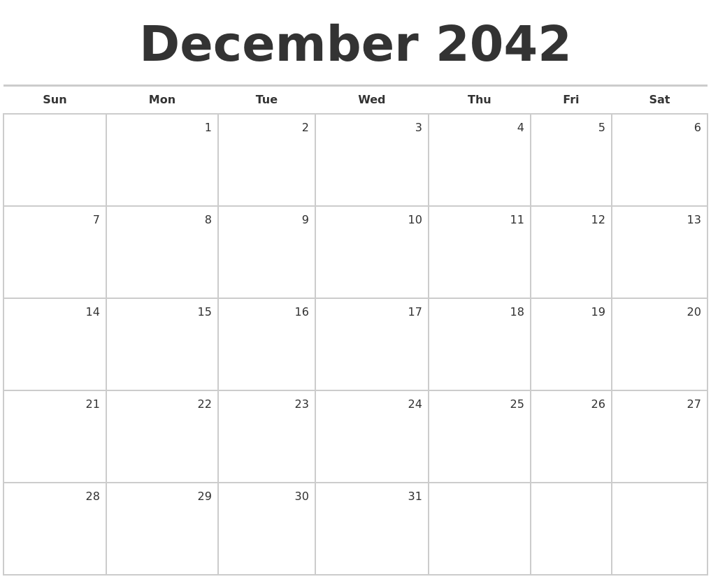 December 2042 Blank Monthly Calendar