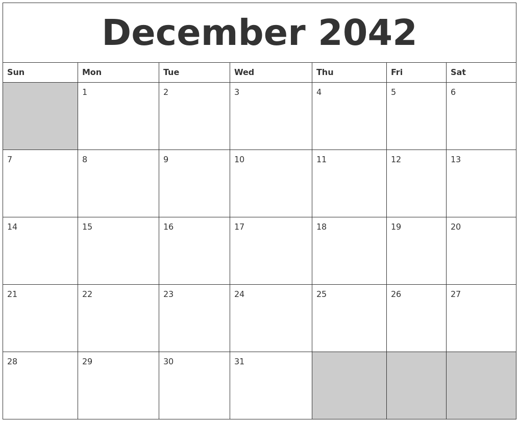 December 2042 Blank Printable Calendar