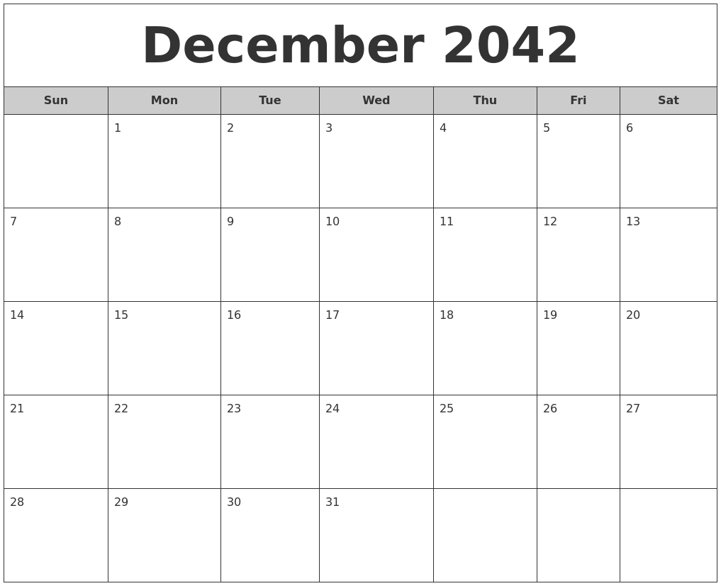 December 2042 Free Monthly Calendar