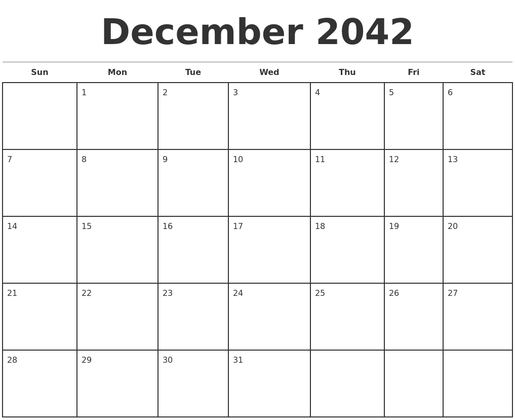 December 2042 Monthly Calendar Template