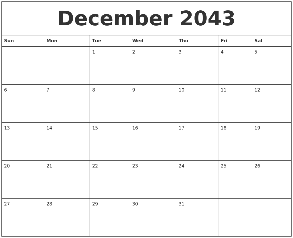 December 2043 Blank Monthly Calendar Template