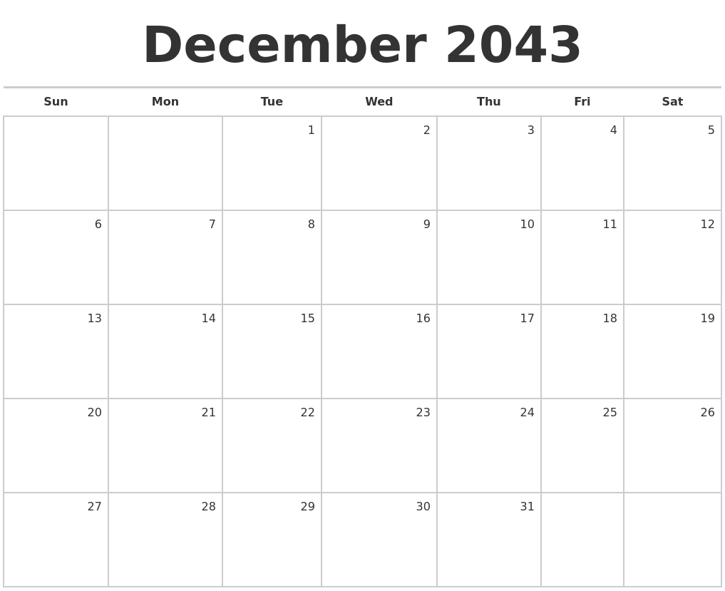 December 2043 Blank Monthly Calendar