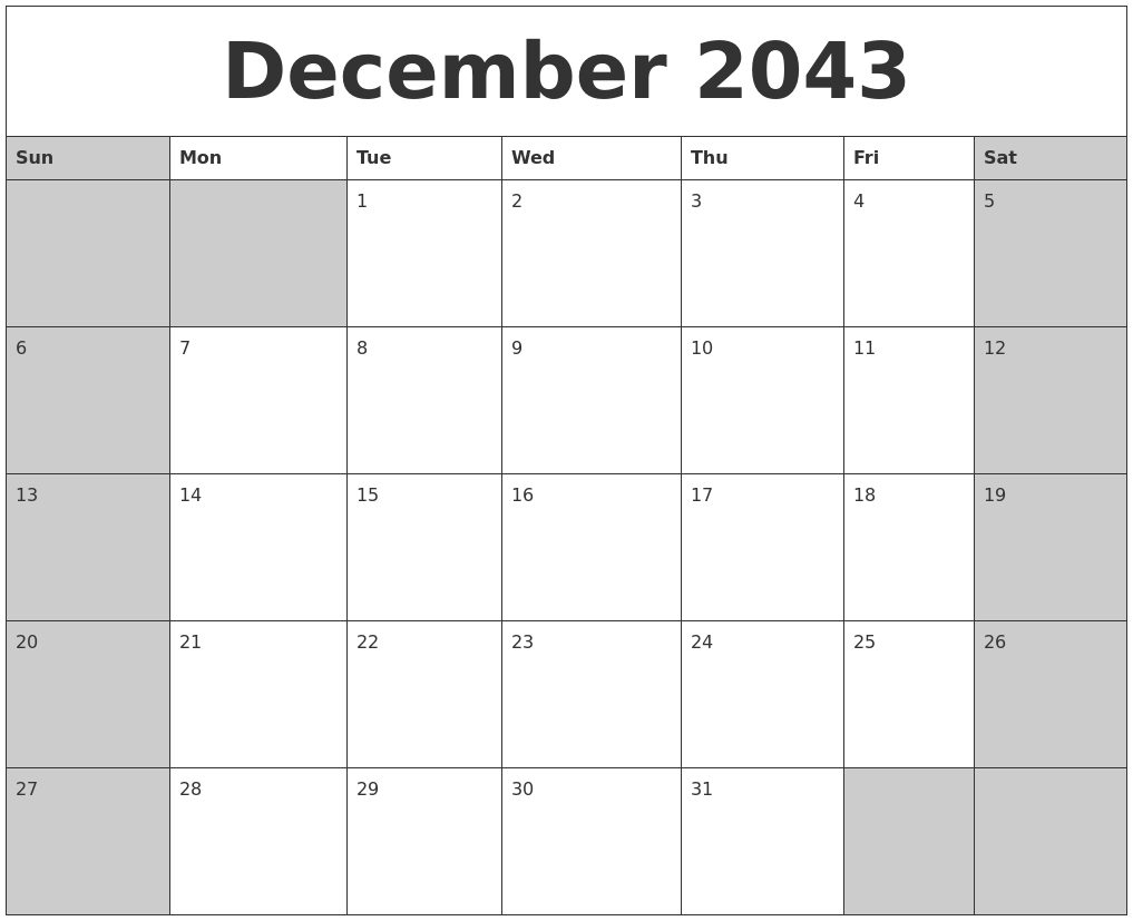 December 2043 Calanders