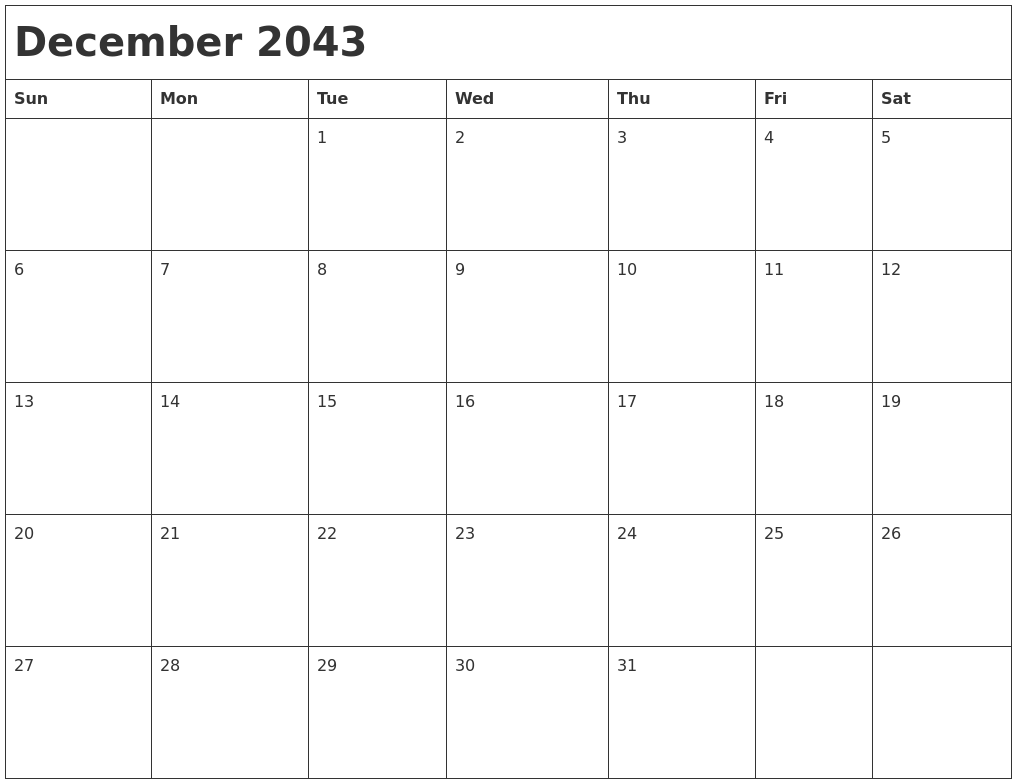 December 2043 Month Calendar