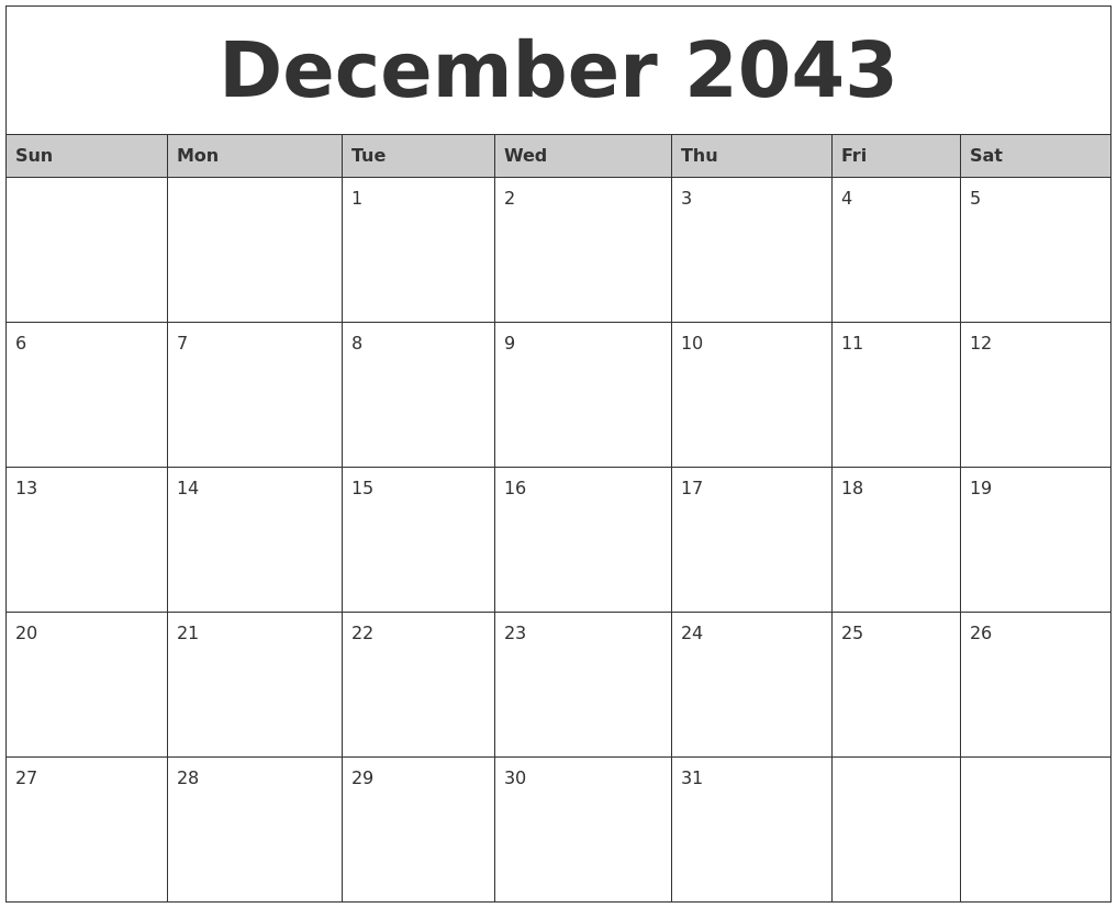 December 2043 Monthly Calendar Printable