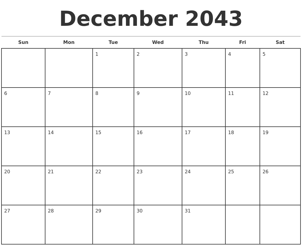 December 2043 Monthly Calendar Template