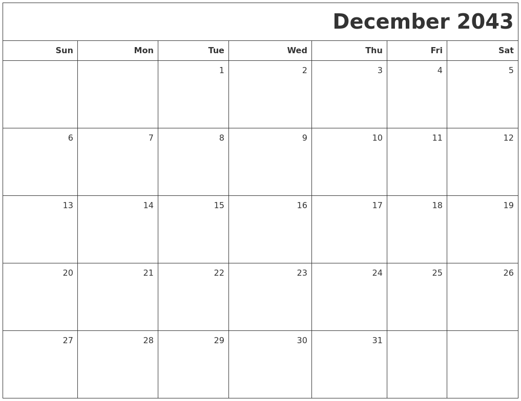 December 2043 Printable Blank Calendar