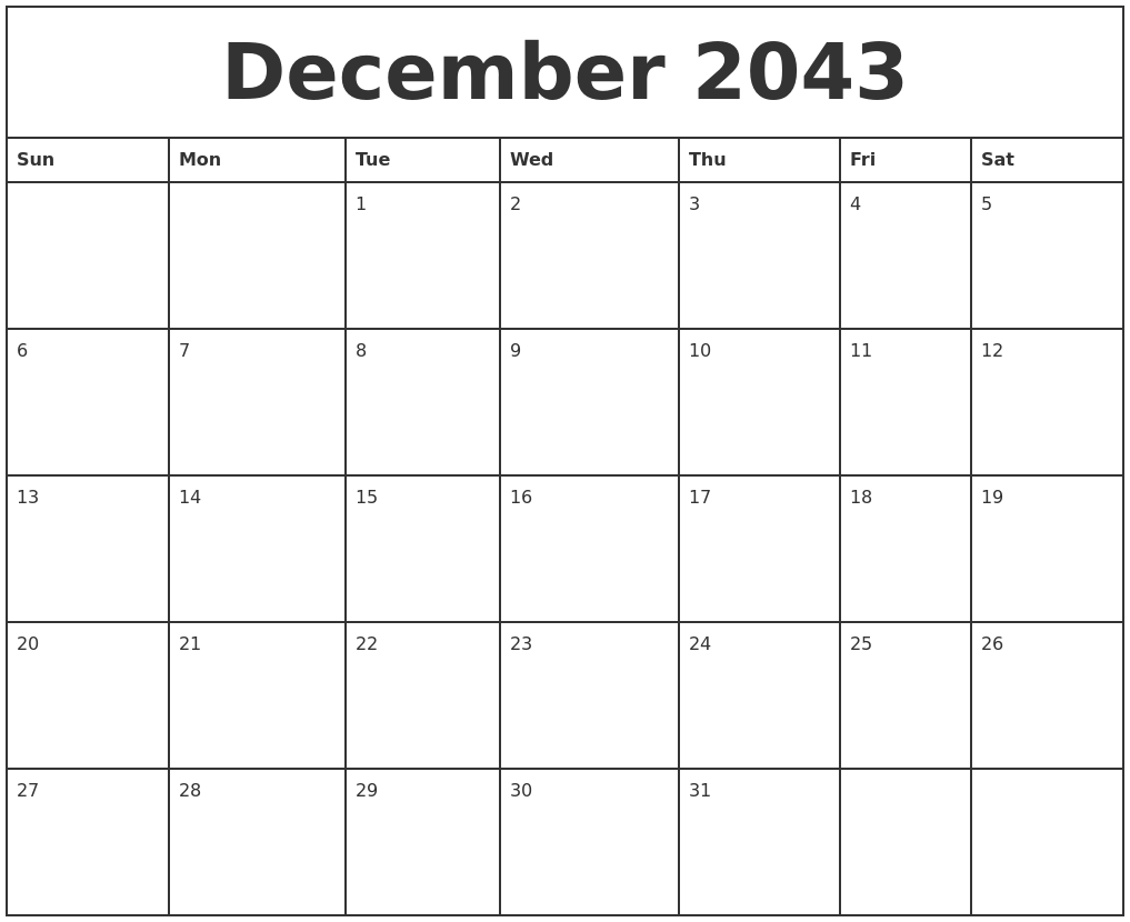December 2043 Printable Monthly Calendar