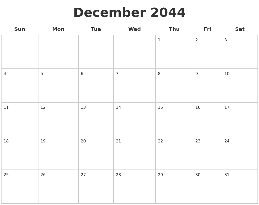 December 2044 Blank Calendar Pages