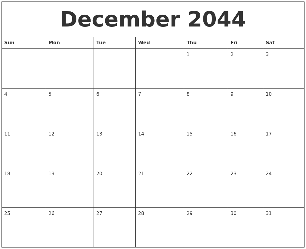 December 2044 Blank Monthly Calendar Pdf