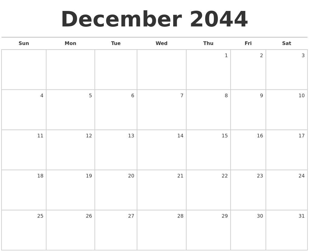 December 2044 Blank Monthly Calendar