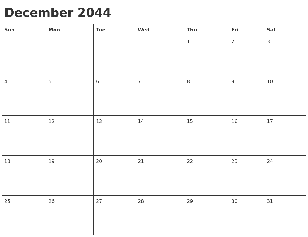 December 2044 Month Calendar
