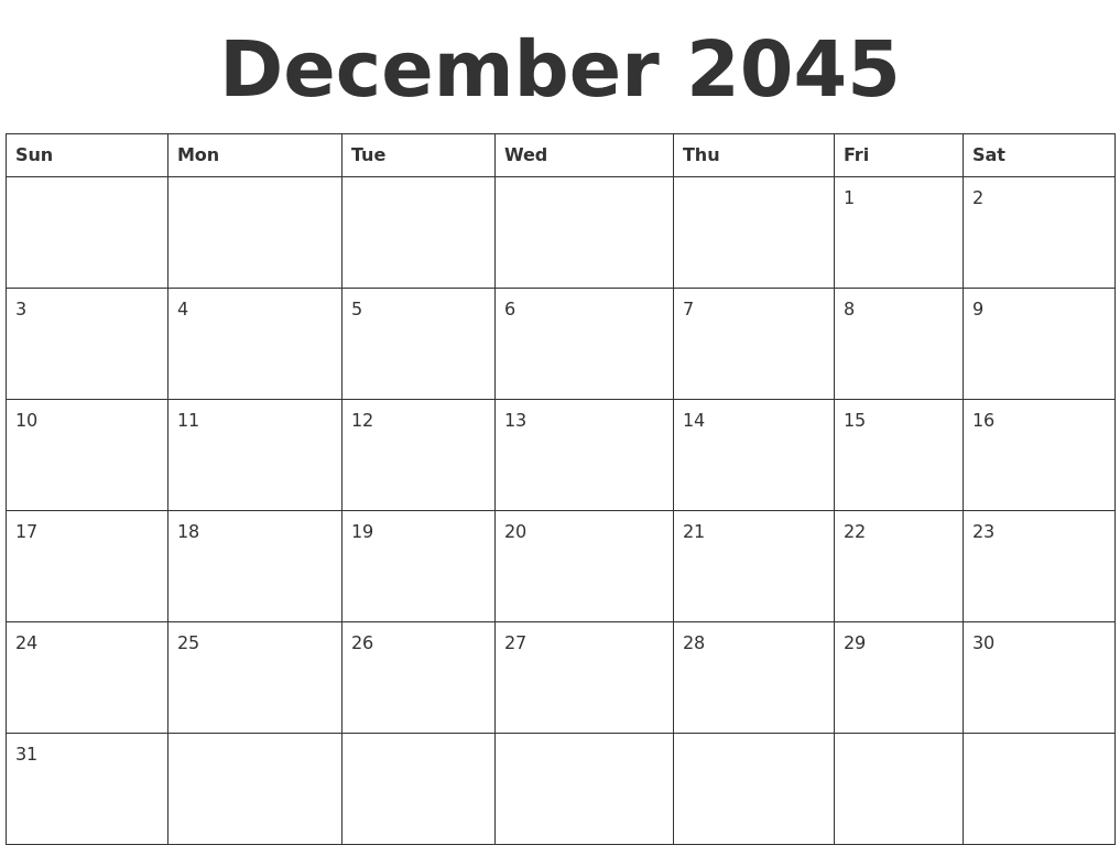 December 2045 Blank Calendar Template