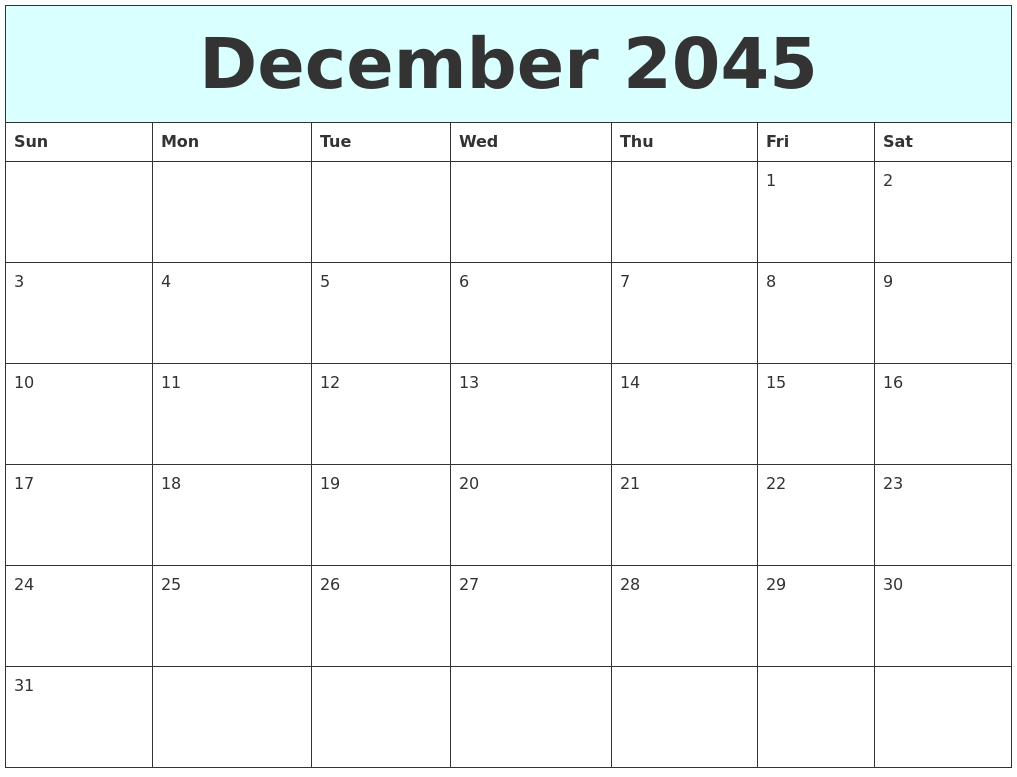 December 2045 Free Calendar