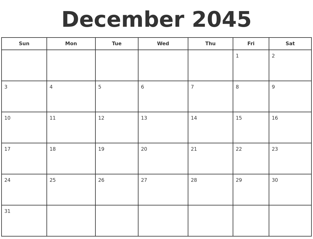 December 2045 Print A Calendar