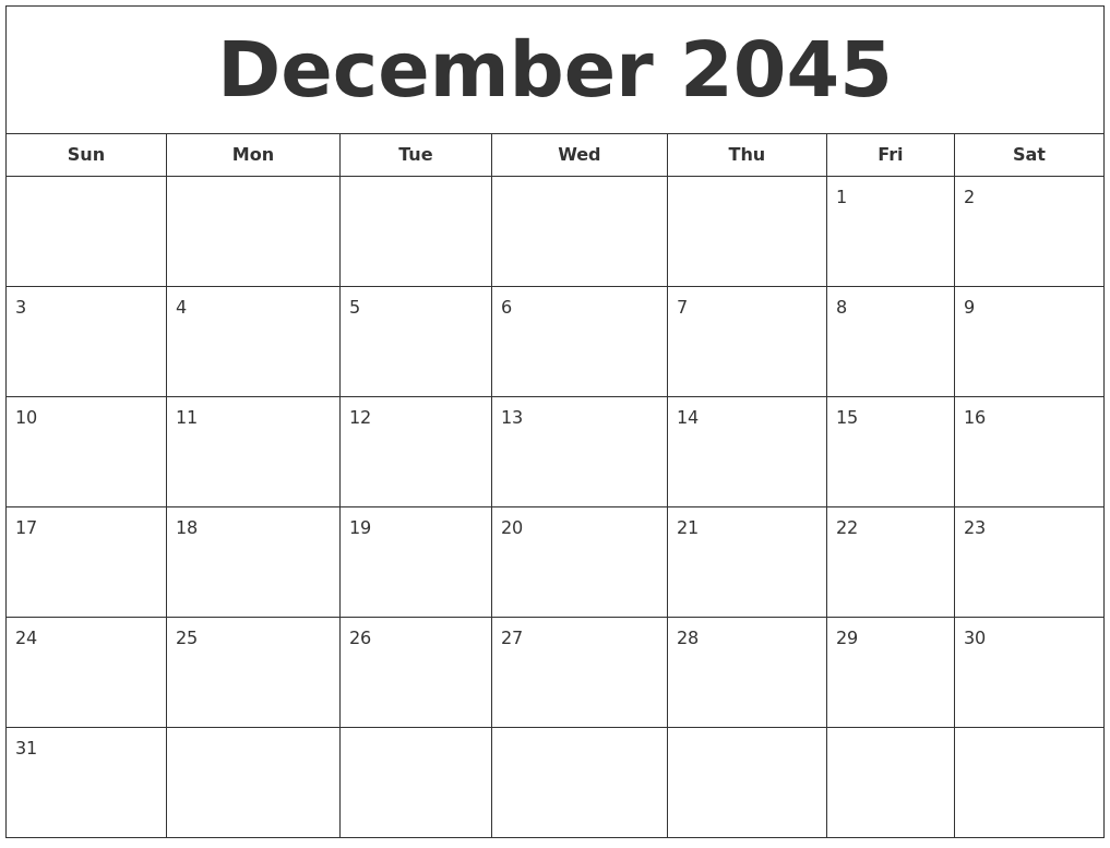 December 2045 Printable Calendar