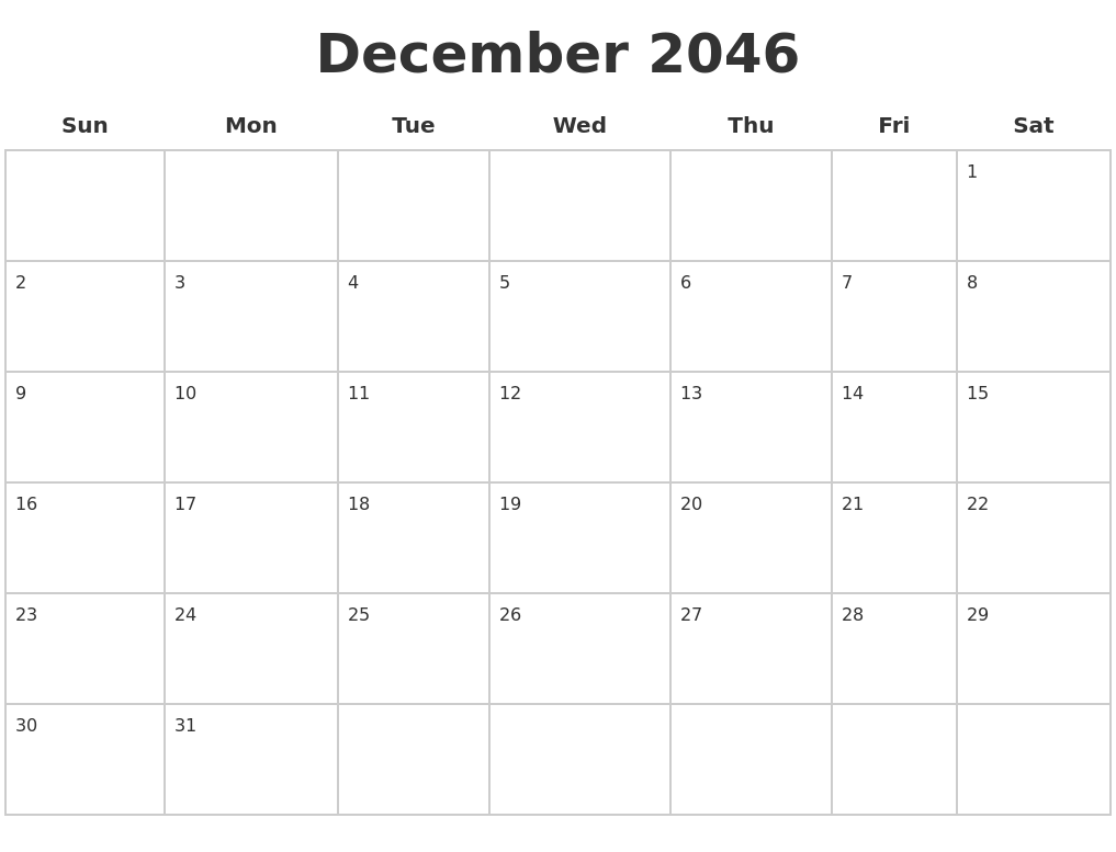 December 2046 Blank Calendar Pages