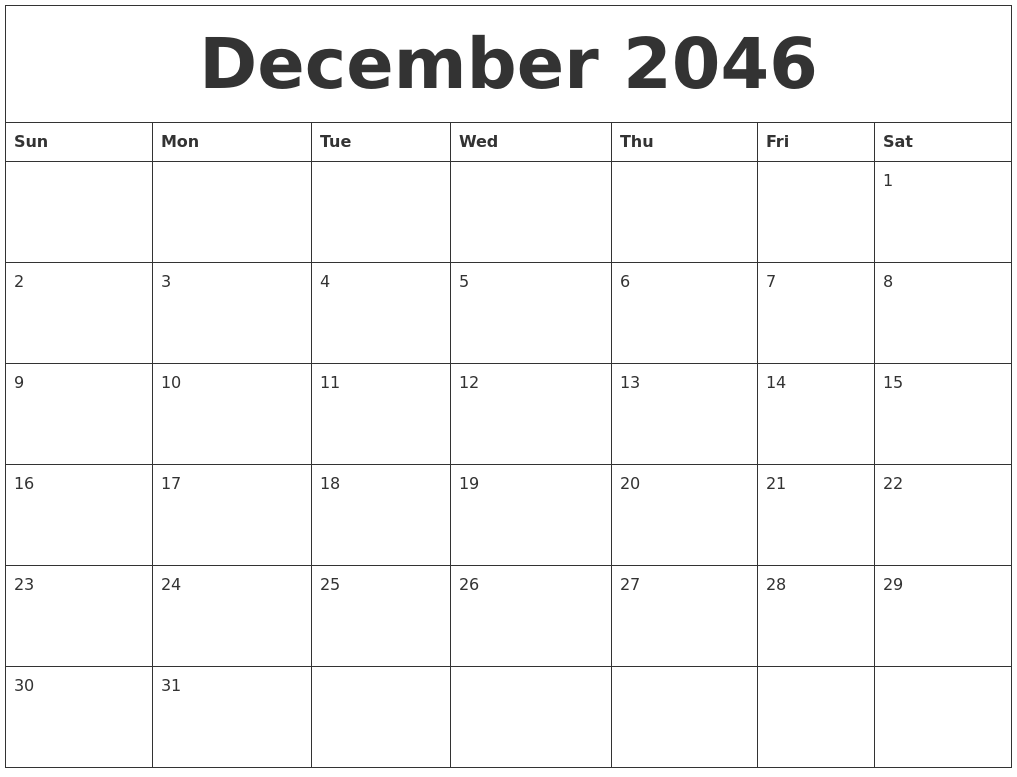 December 2046 Blank Calendar Printable