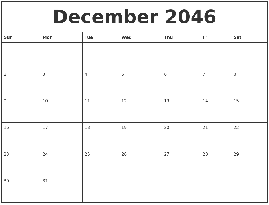 December 2046 Blank Monthly Calendar Template