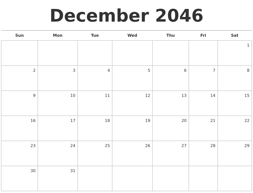December 2046 Blank Monthly Calendar