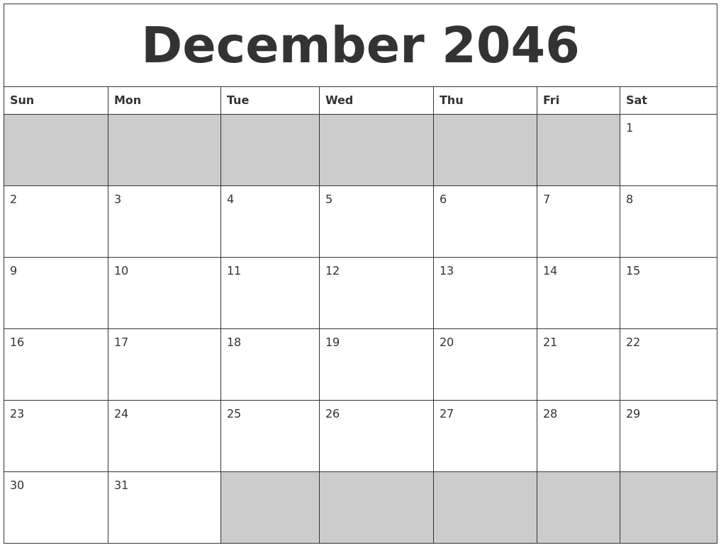 December 2046 Blank Printable Calendar