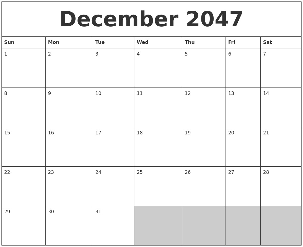 December 2047 Blank Printable Calendar