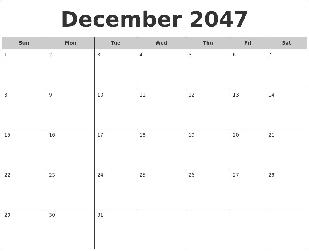 December 2047 Free Monthly Calendar