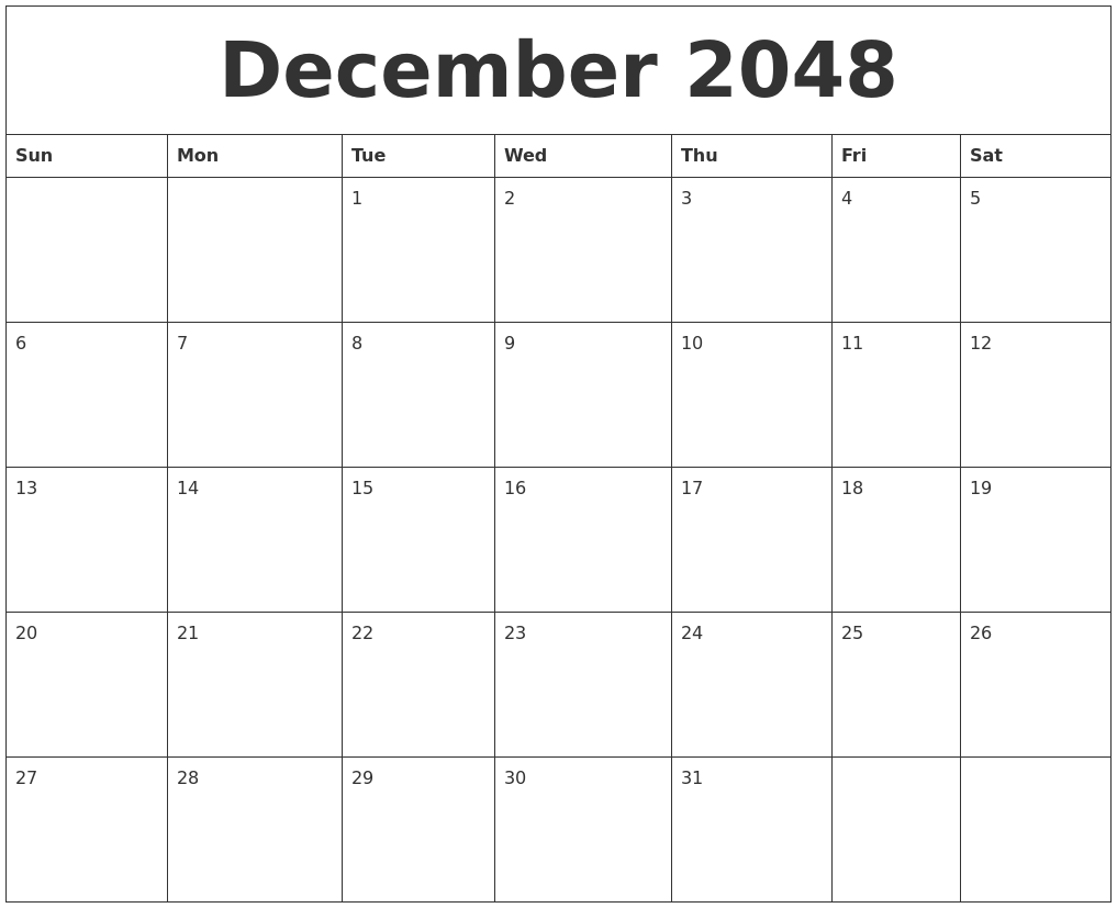 December 2048 Custom Calendar Printing