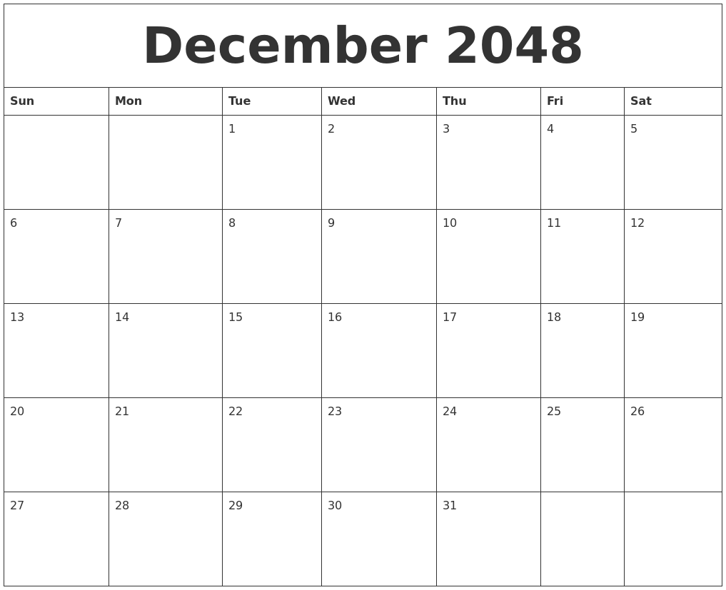 December 2048 Free Printable Weekly Calendar