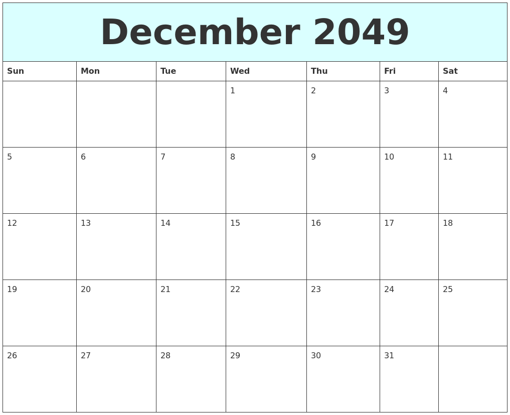 December 2049 Free Calendar