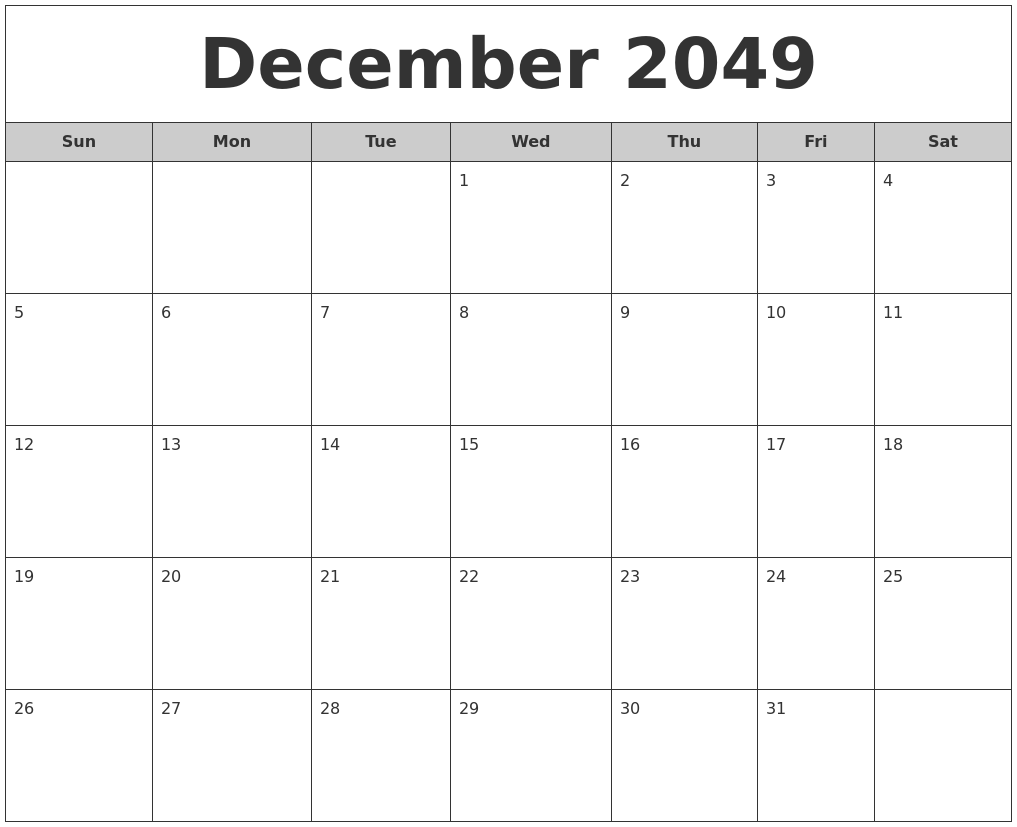 December 2049 Free Monthly Calendar