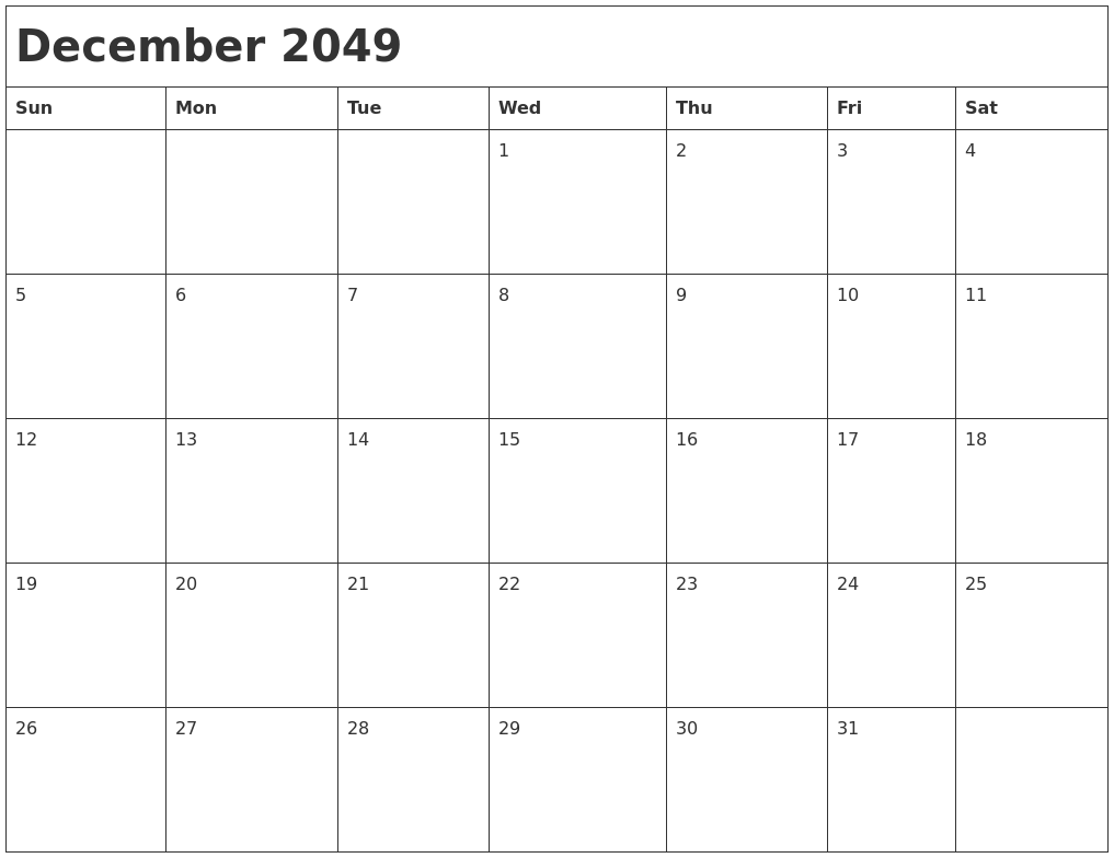 December 2049 Month Calendar