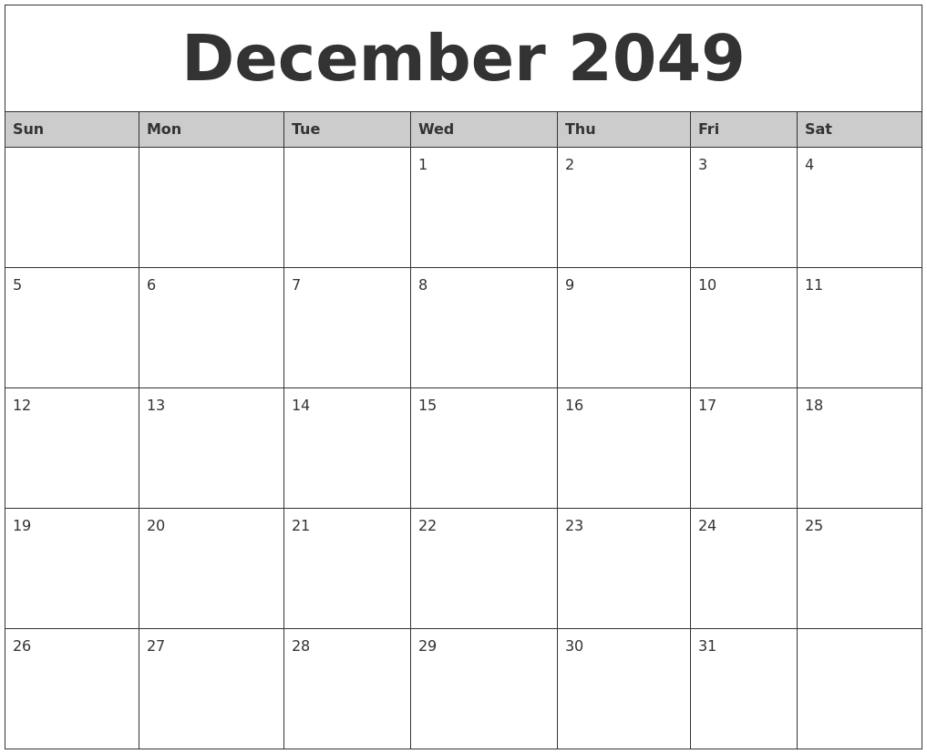 December 2049 Monthly Calendar Printable
