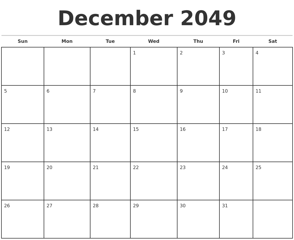 December 2049 Monthly Calendar Template