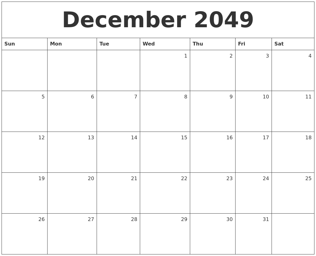 December 2049 Monthly Calendar