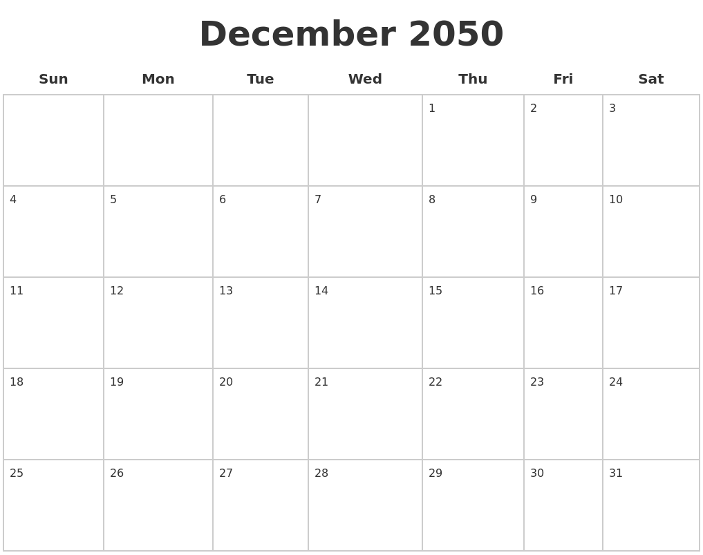 December 2050 Blank Calendar Pages
