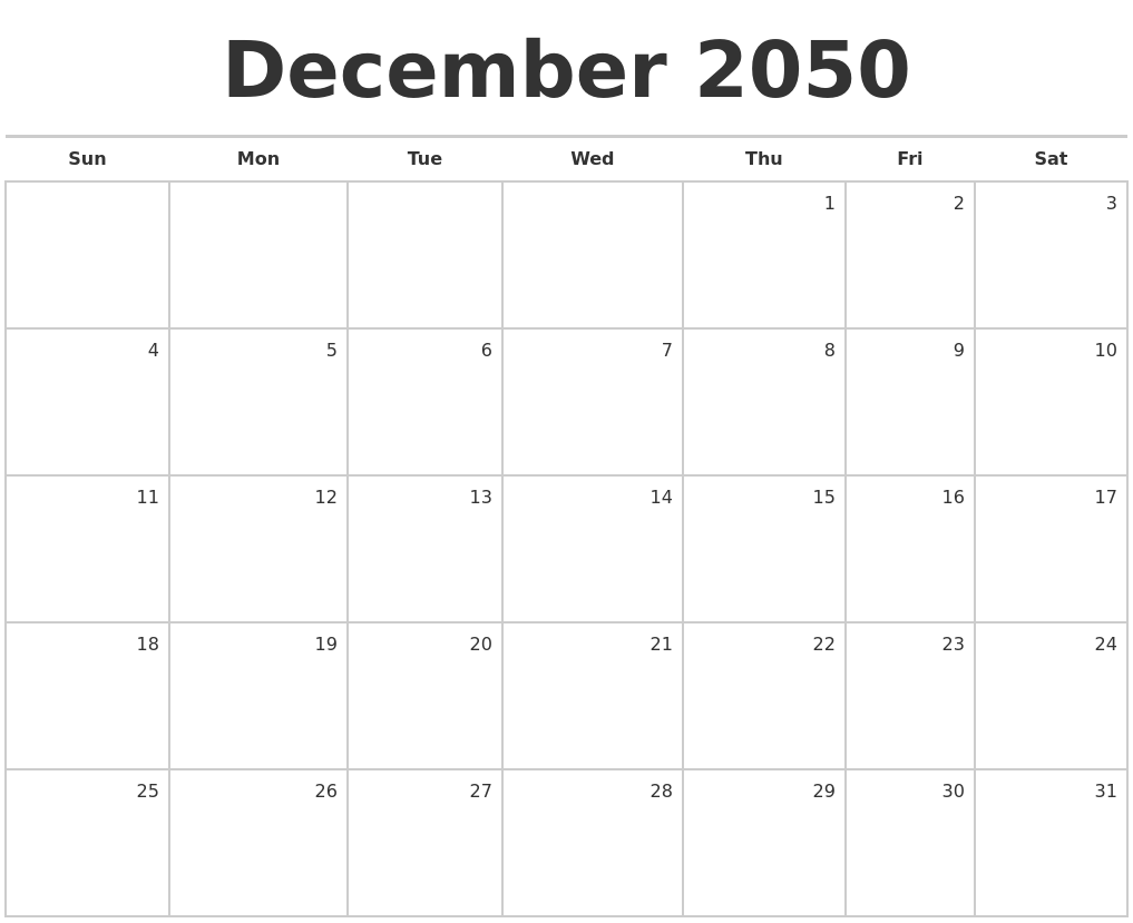 December 2050 Blank Monthly Calendar