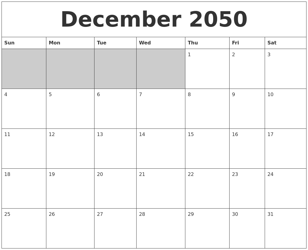 December 2050 Blank Printable Calendar