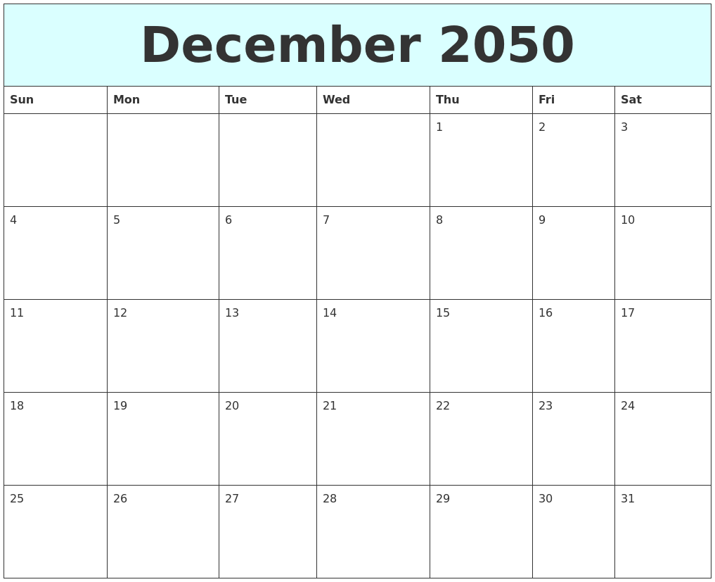 December 2050 Free Calendar
