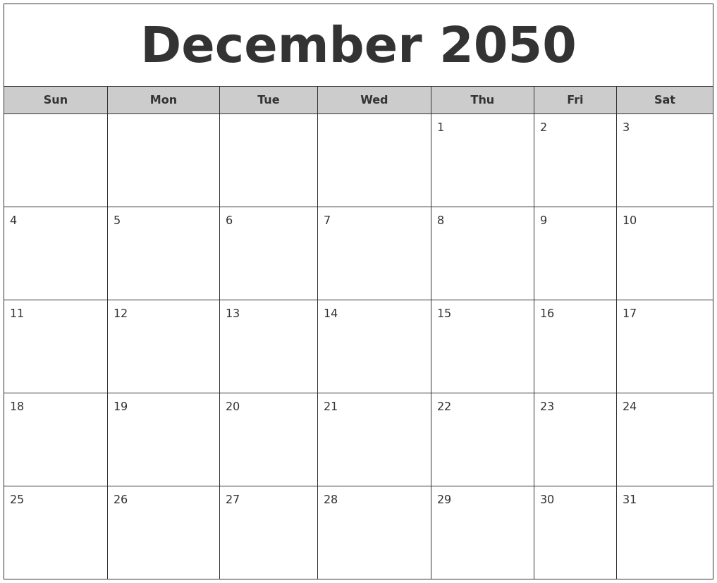 December 2050 Free Monthly Calendar