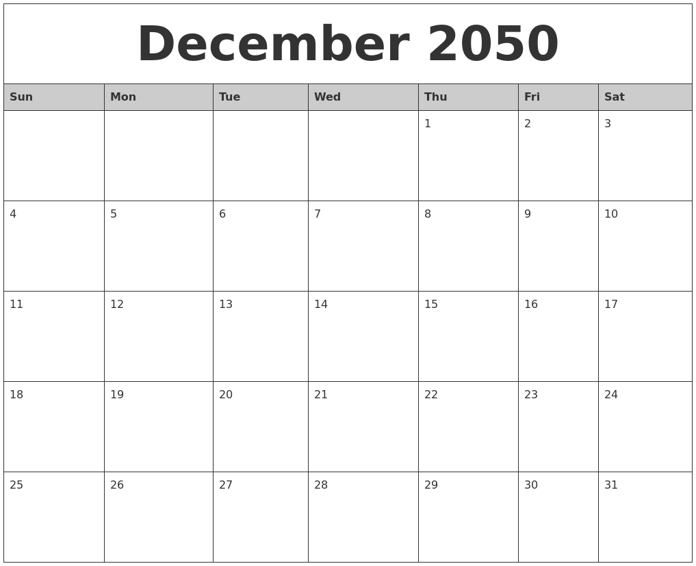 December 2050 Monthly Calendar Printable